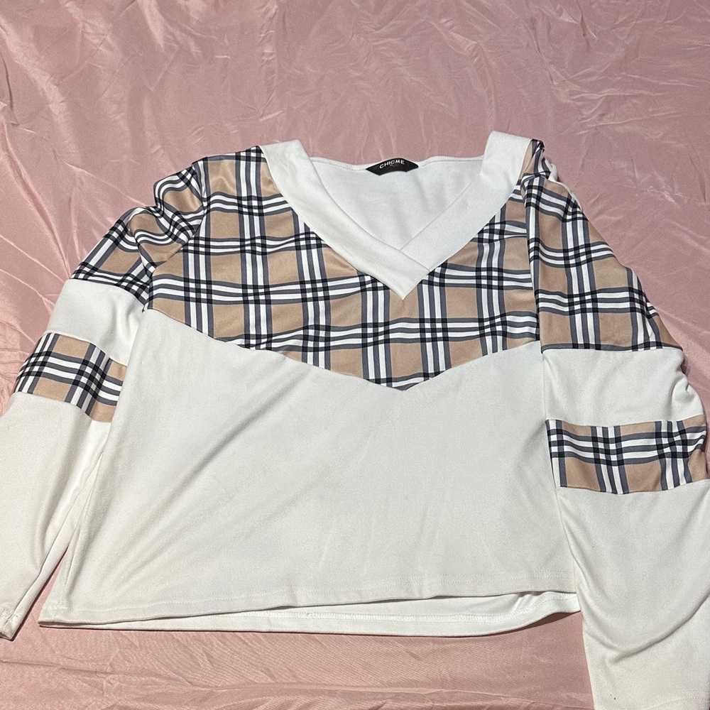 Stylish Plaid White and Tan Women's Blouse